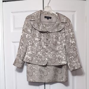 Kasper Floral Jacquard Two-Piece Jacket and Skirt Set in Taupe and Cream